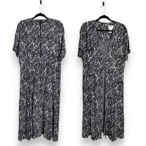 Vintage dress w/attached coat buttons black floral women's size 18 butterflies